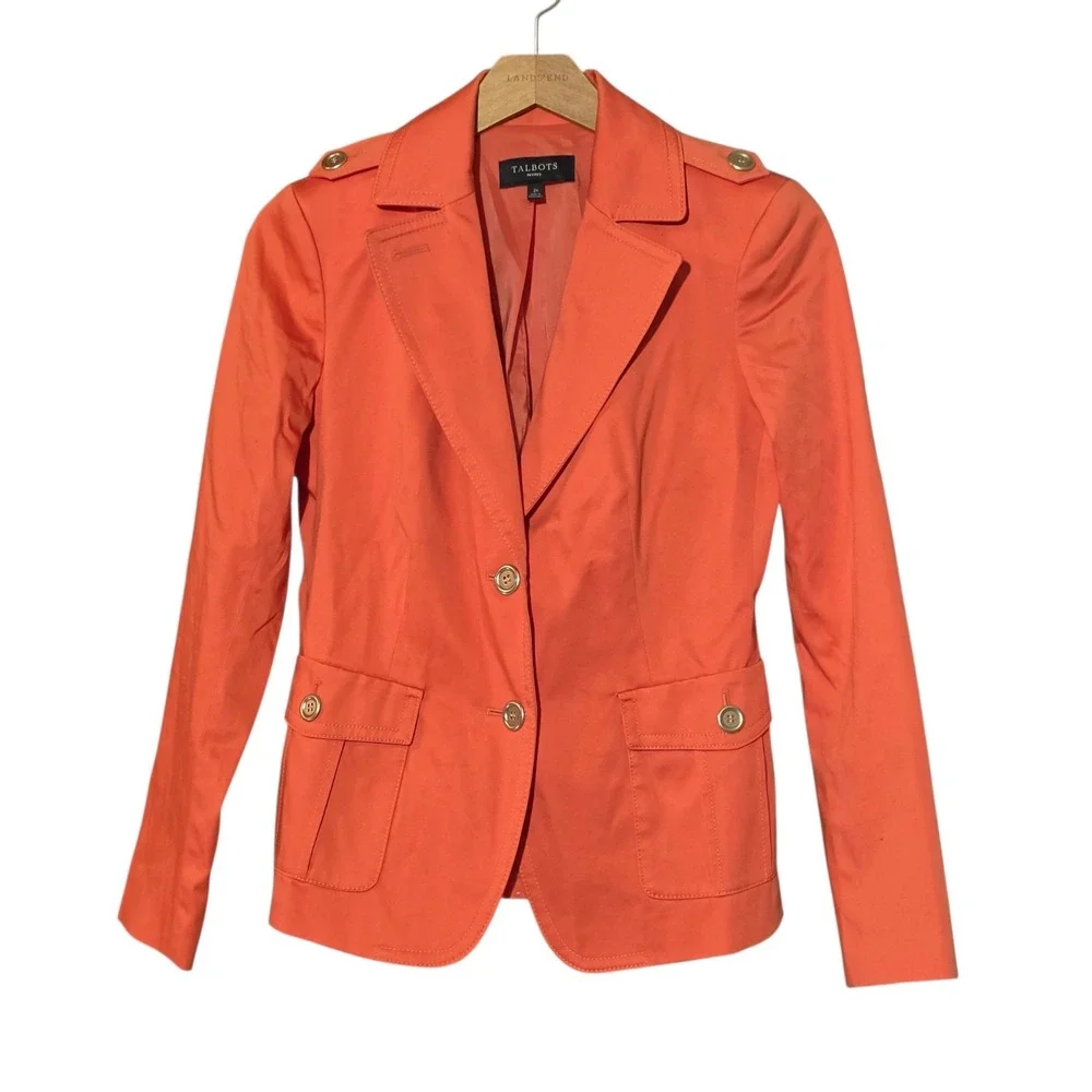 Talbots Women 2P XS Blazer Orange Cotton Blend Military Style Gold Button Preppy